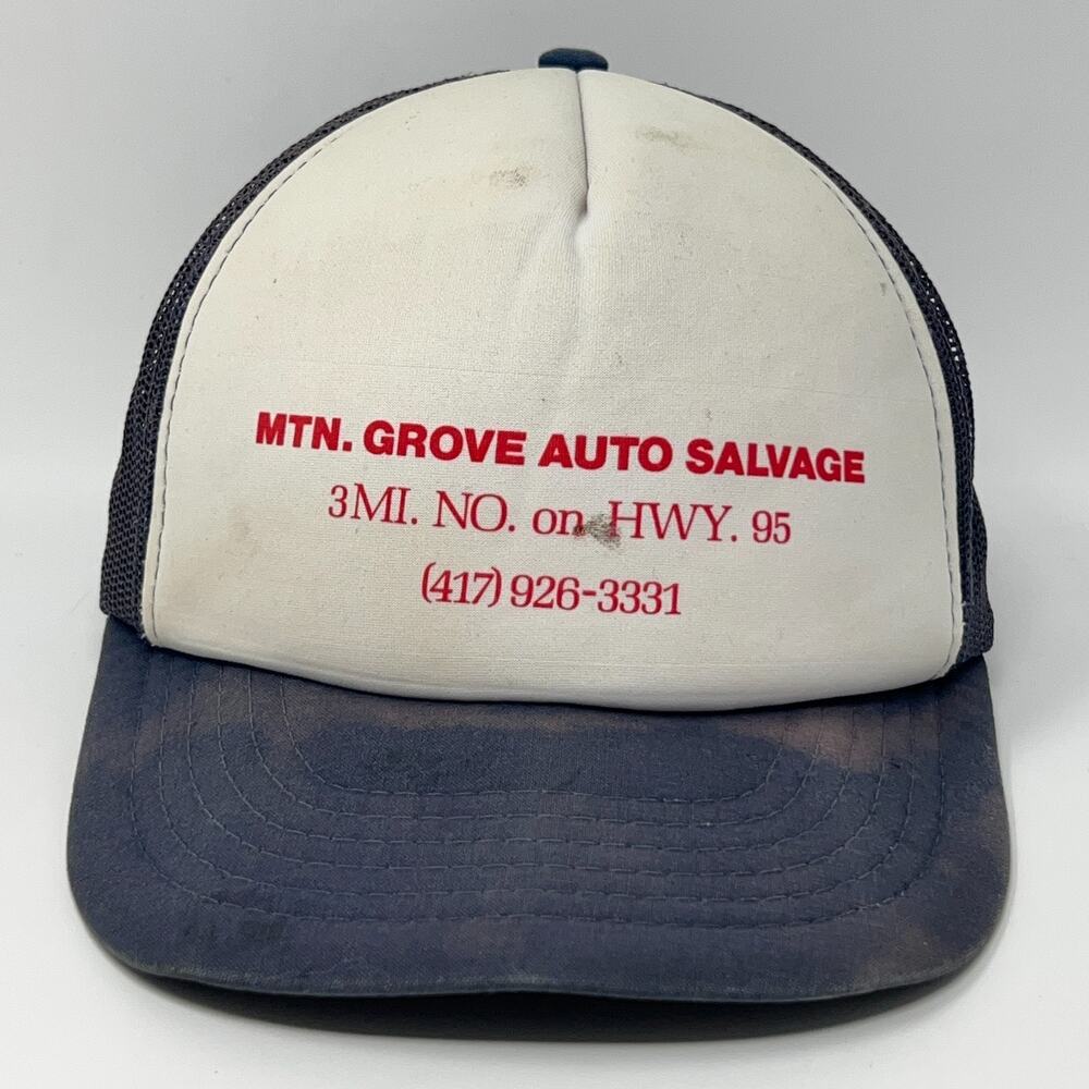 Vintage 80s Mountain Grove Auto Salvage Trucker Hat Baseball Cap Snapback Blue